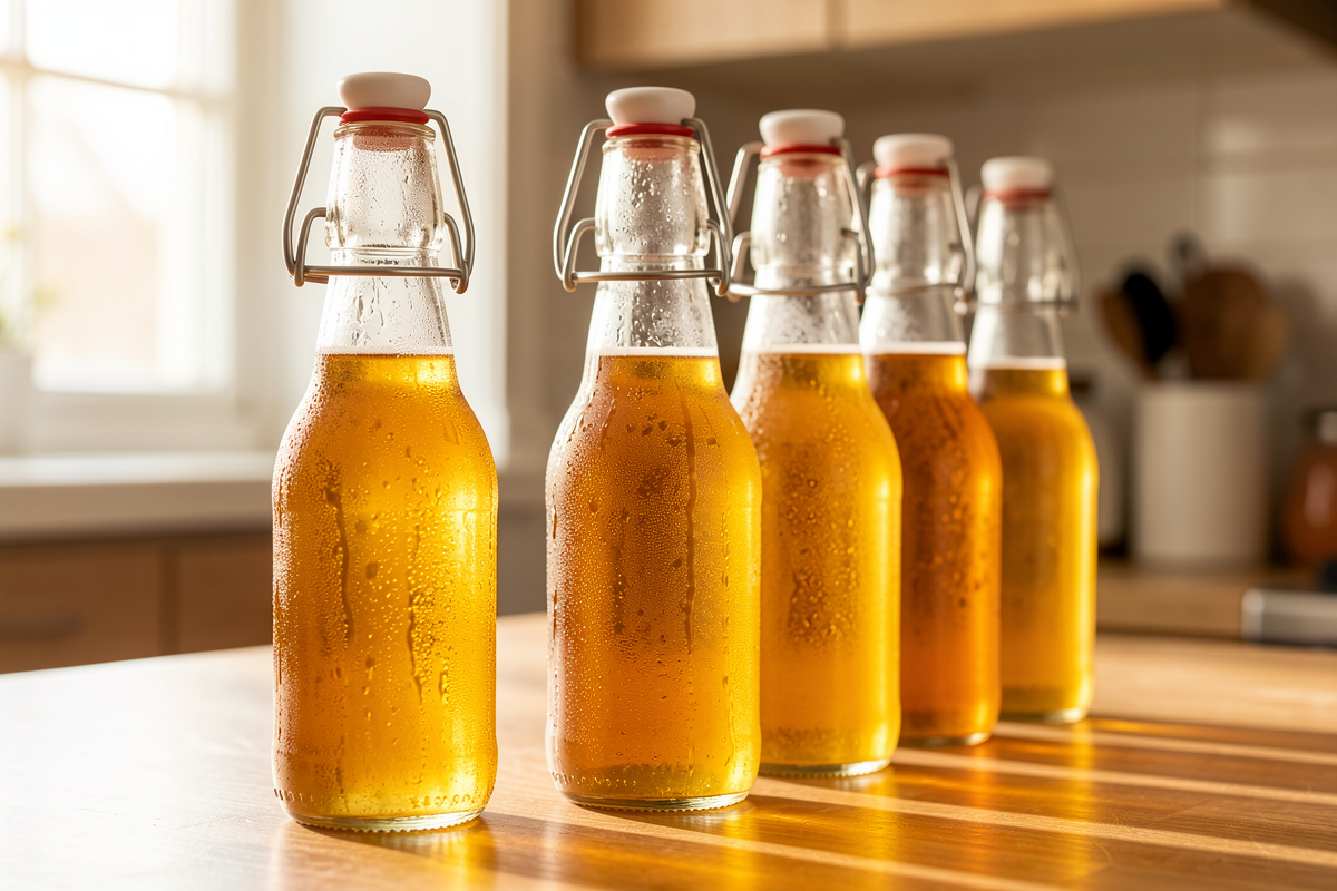 Swing-top glass bottles of fizzy fermented soda with condensation on a kitchen counter