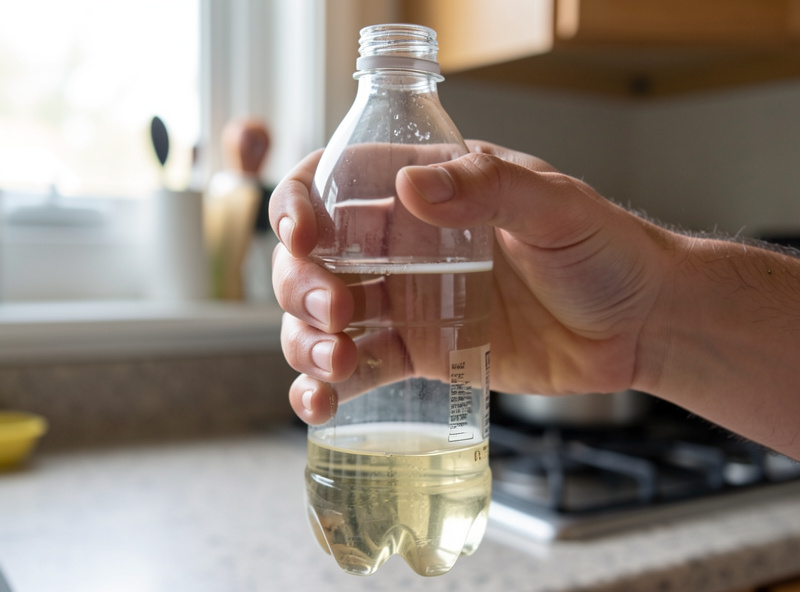 A hand squeezing a clear PET plastic soda bottle to test its firmness during fermentation