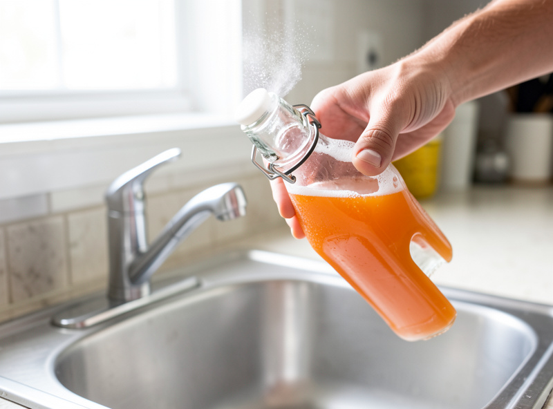 Burping a swing-top bottle of fermented soda over a sink with a small burst of foam