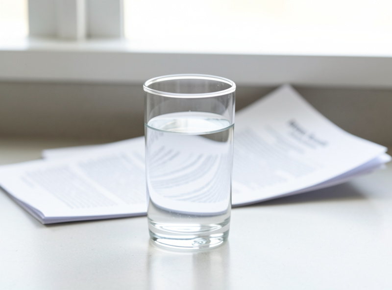 A glass of tap water with a water-quality report on the counter behind it
