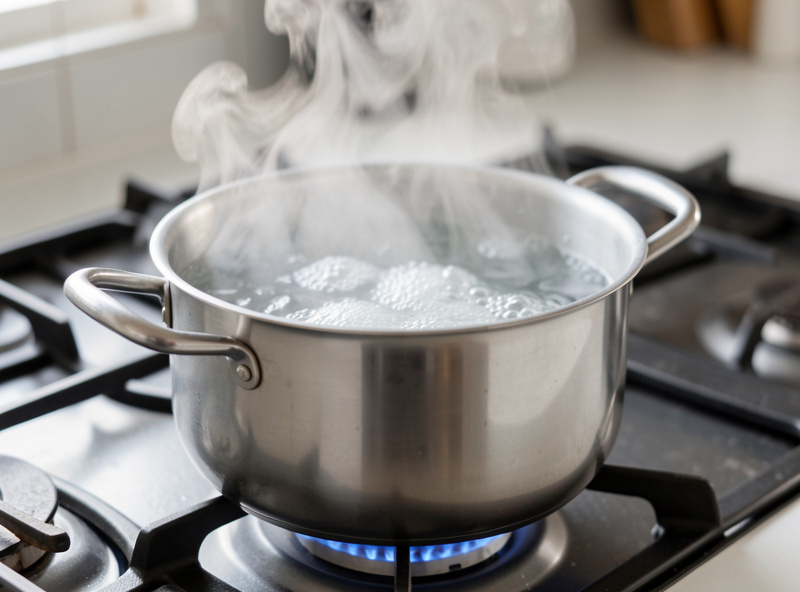 A pot of water boiling on a stove with steam rising