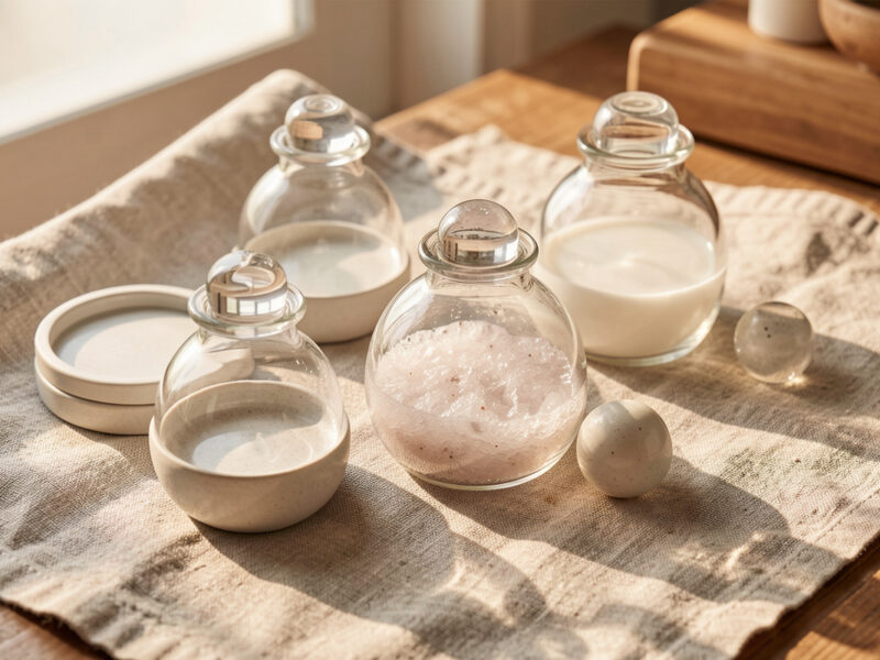 Glass and ceramic fermentation weights on a linen towel, one clouded with haze