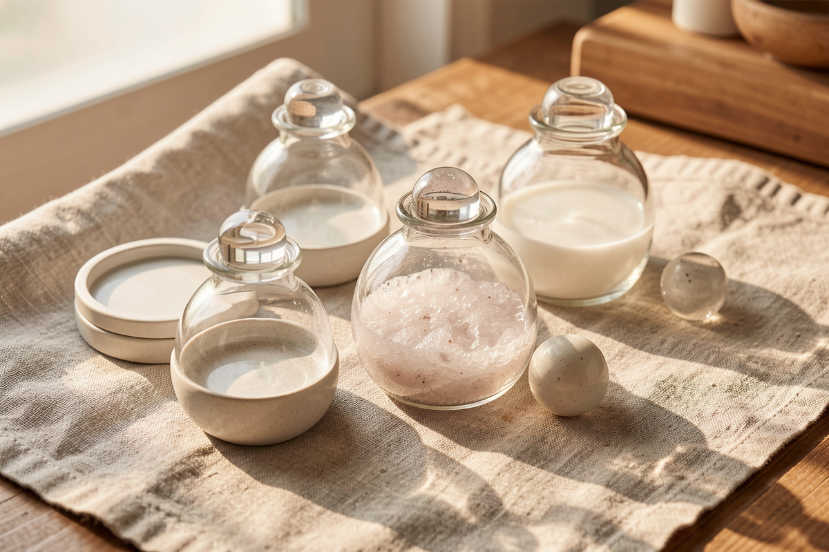Glass and ceramic fermentation weights on a linen towel, one clouded with mineral haze