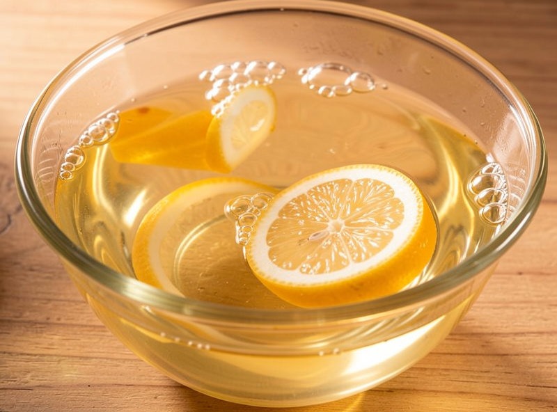 Glass and ceramic fermentation weights soaking in a bowl of clear citric-acid solution