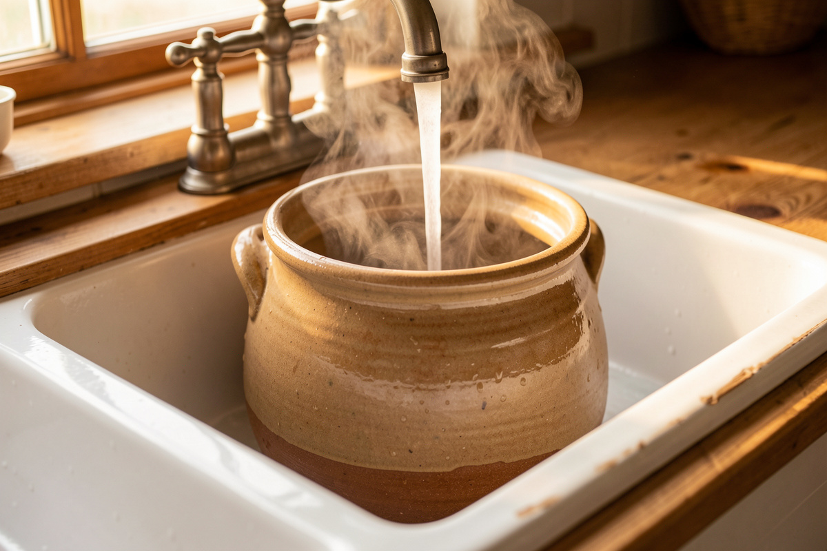 An empty glazed stoneware fermentation crock being rinsed under hot running water in a farmhouse sink
