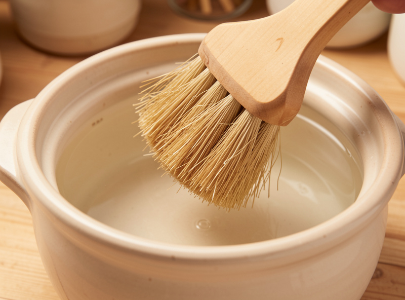 A natural bristle brush scrubbing the smooth interior glaze of a stoneware crock with clear water, no suds