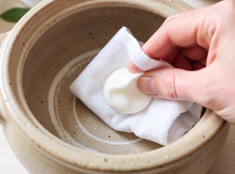 A hand working white baking-soda paste on a cloth against a residue ring inside a stoneware crock