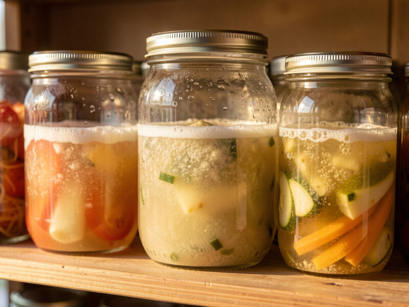 Jars of fermenting vegetables with cloudy active brine