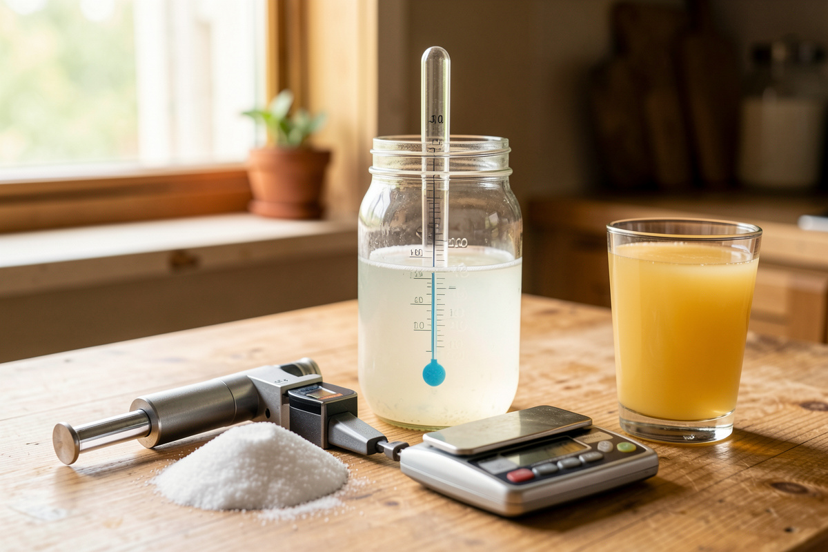 Home fermentation measurement bench with refractometer, scale, hydrometer, and a glass of soda