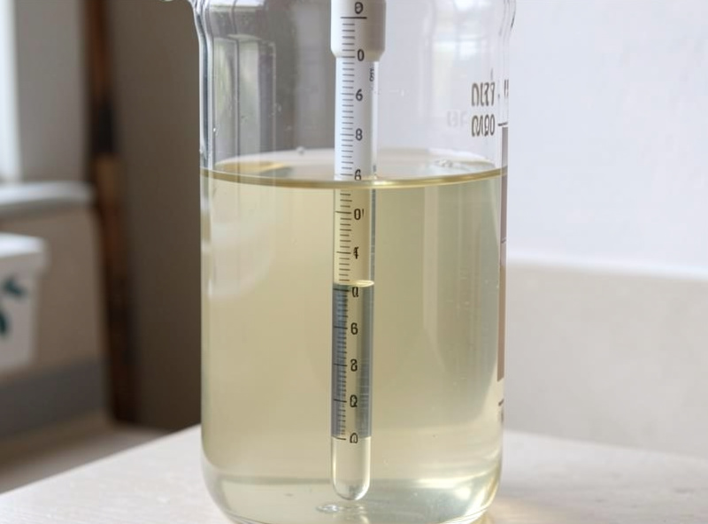 A hydrometer floating in a tall test jar of pale fermenting soda