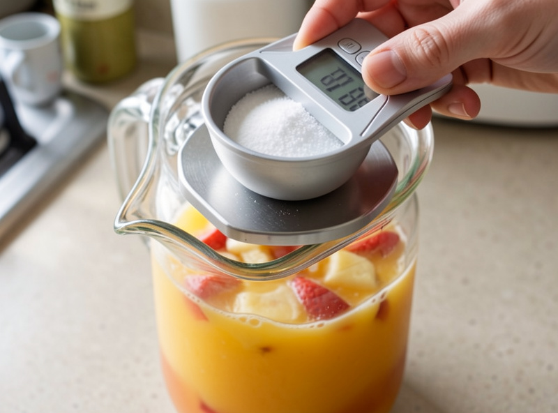 Weighing white sugar on a small digital kitchen scale over a jug of fruit juice