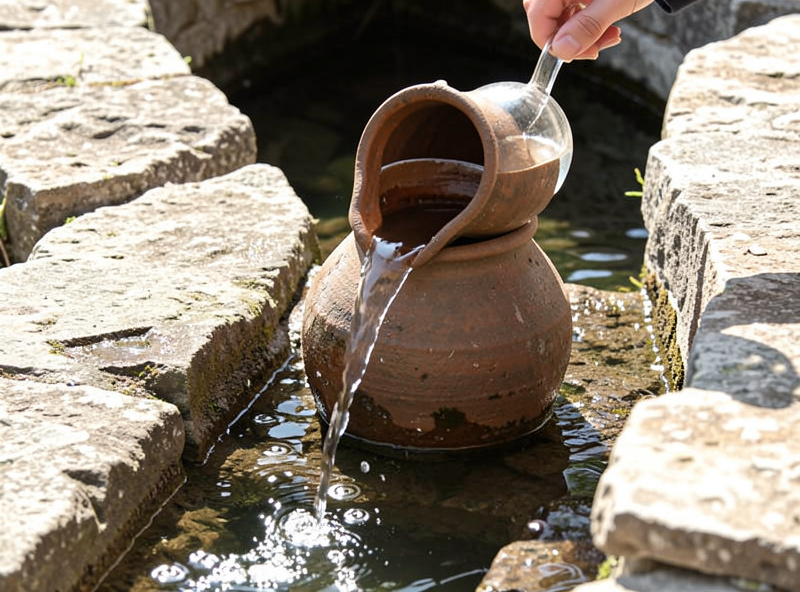 Fresh clean water being poured from a small jug into the moat channel of a stoneware crock