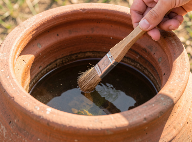 A small brush cleaning the moat channel of a stoneware fermentation crock
