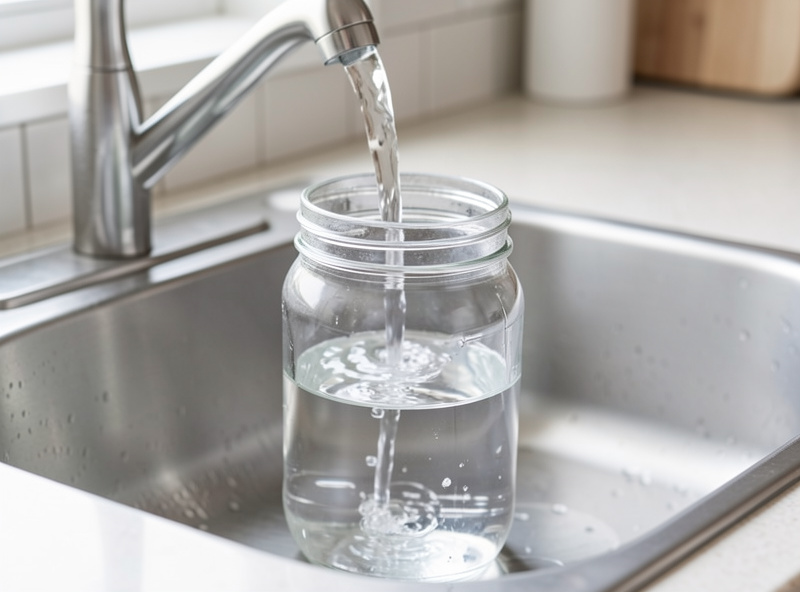 Tap water running into a clear glass jar in a kitchen sink