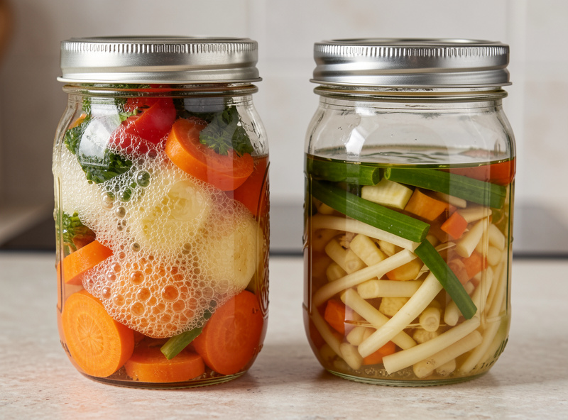 Two jars of vegetables fermenting side by side, one bubbling and active, one flat and still