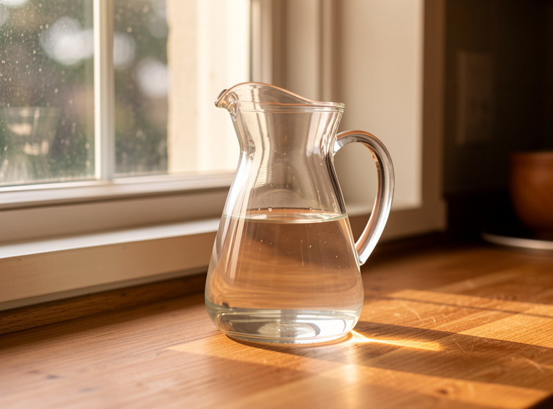 A pitcher of water sitting uncovered on a counter to let chlorine off-gas overnight
