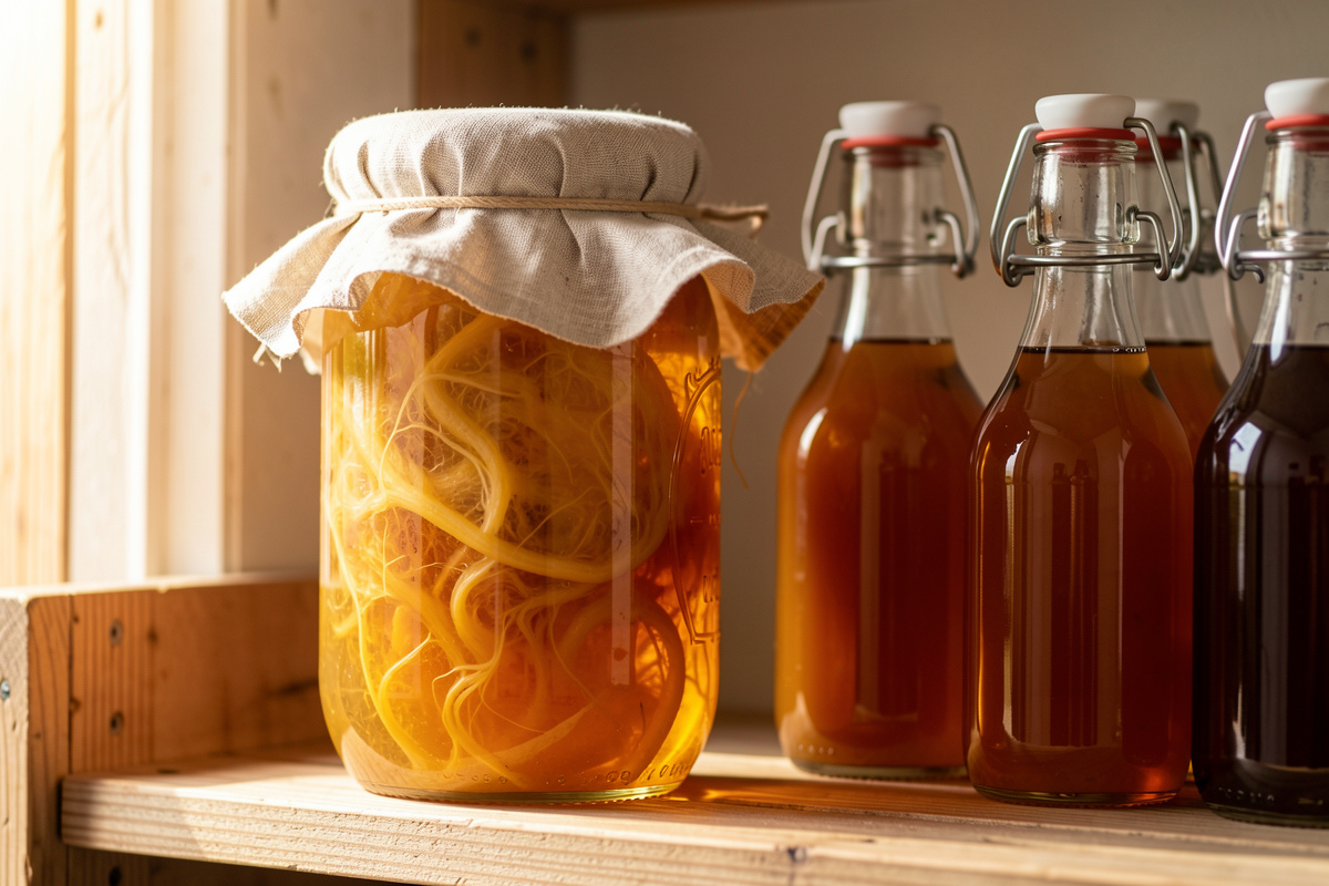 Glass jar holding a live vinegar mother in amber raw vinegar with a cloth cover, beside swing-top bottles of finished drinking vinegar