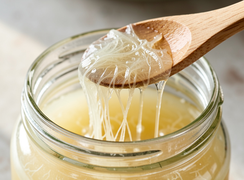 Translucent slimy vinegar mother lifted on a wooden spoon from a jar, strands of the pellicle visible