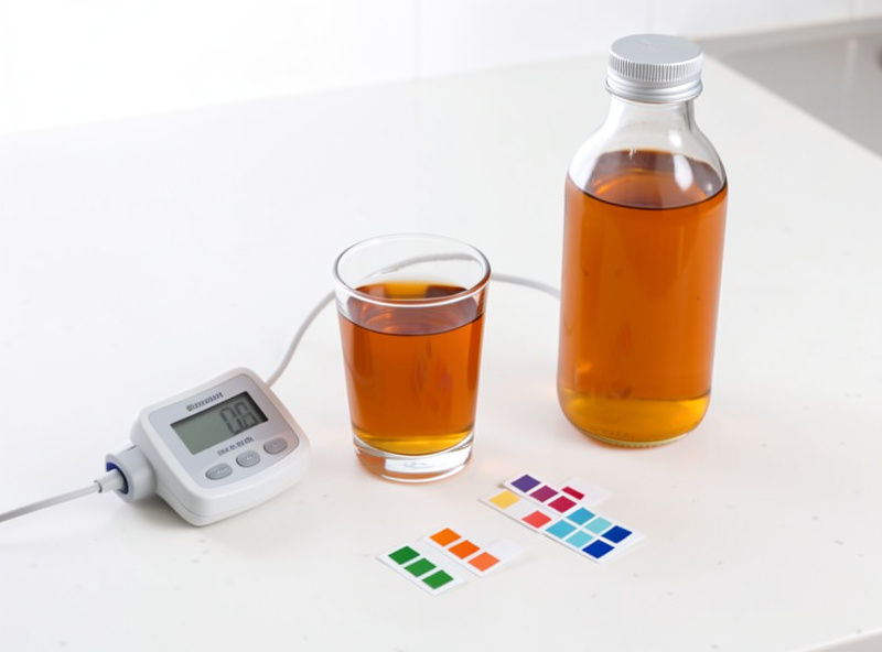 pH meter probe in a small glass of amber vinegar showing a reading on its digital display, test strips and a bottle beside it