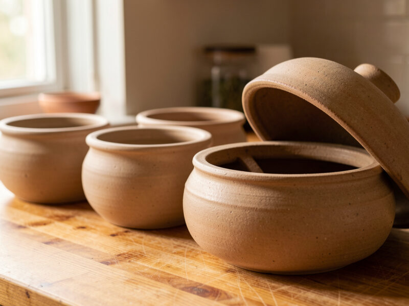 Clean empty stoneware fermentation crocks on a scrubbed wooden counter in warm light