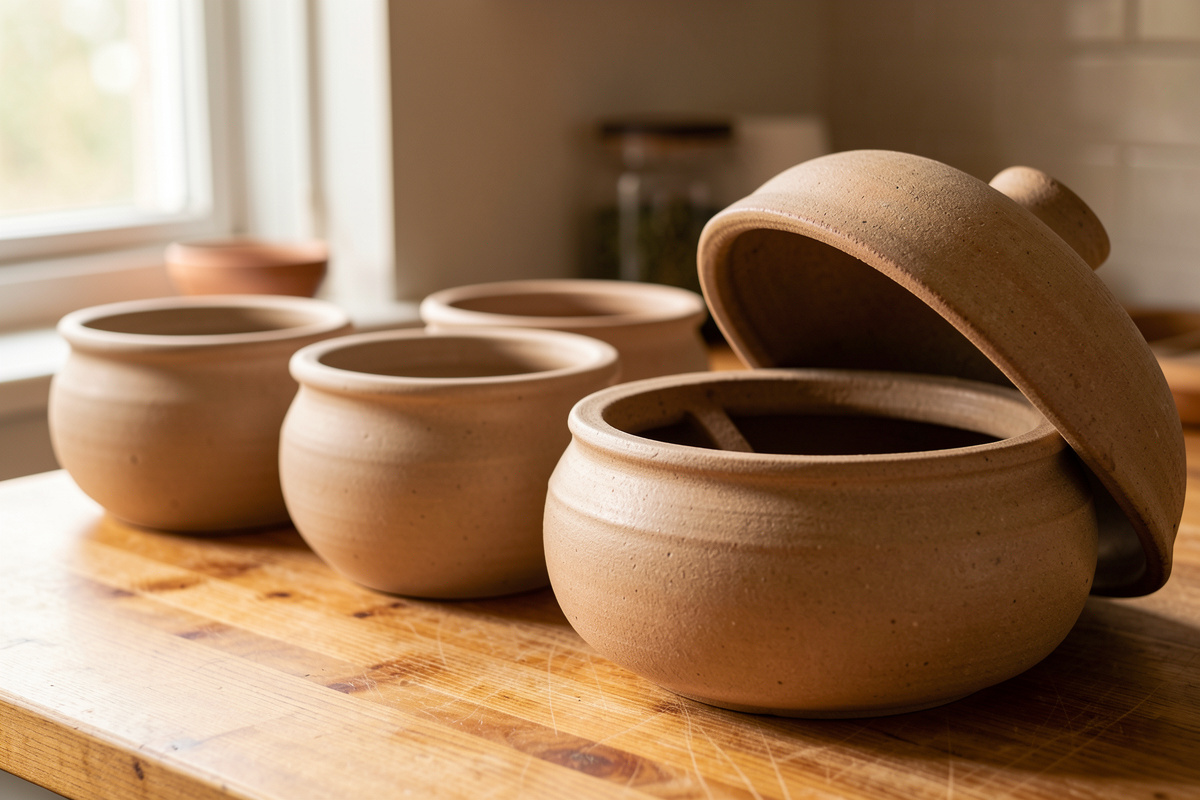 Clean empty stoneware fermentation crocks on a scrubbed wooden counter in warm light