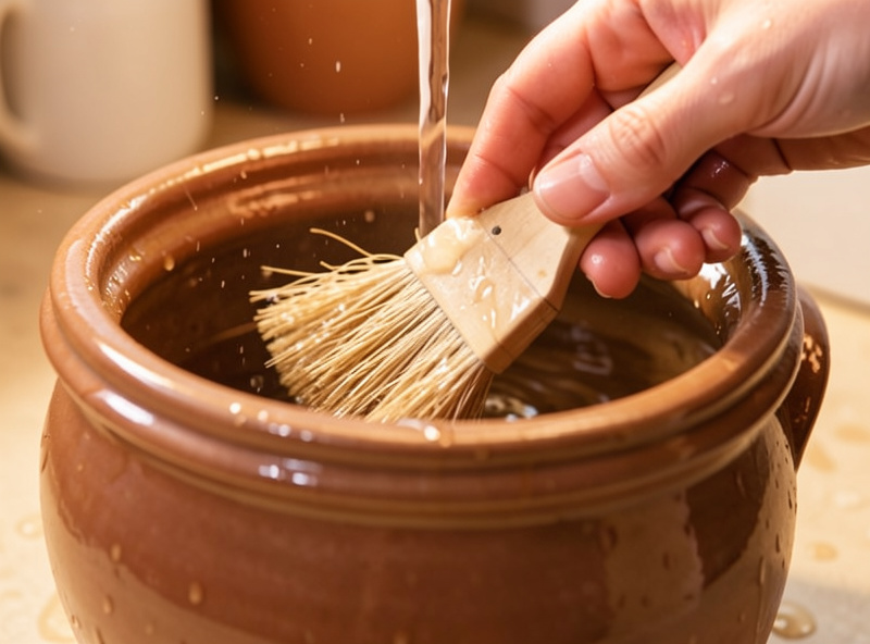 Hands scrubbing the interior glaze of a stoneware crock with a natural bristle brush under running water