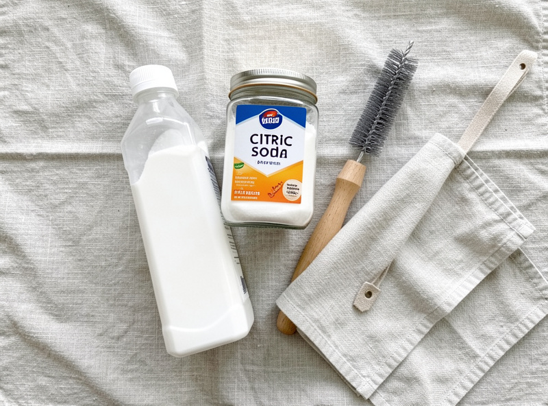 Overhead flat lay of crock-cleaning supplies: white vinegar, citric acid, baking soda, a bottle brush and a cloth on linen