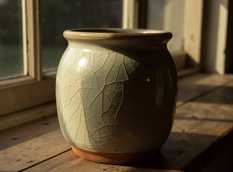 A cracked glazed stoneware crock held up to window light showing a fine crazing pattern in the glaze