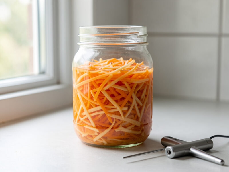 A quiet still jar of fermenting vegetables on a windowsill with a thermometer beside it