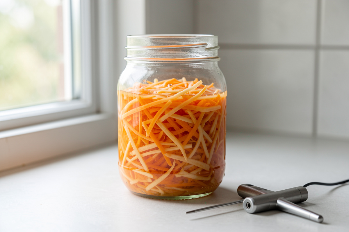 A quiet still jar of fermenting vegetables on a windowsill with a thermometer beside it
