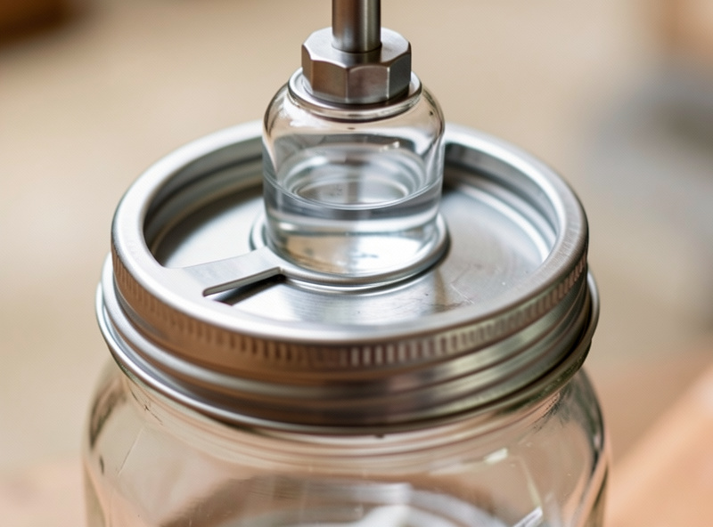 Close-up of a three-piece water airlock on a fermentation jar lid with the water sitting still