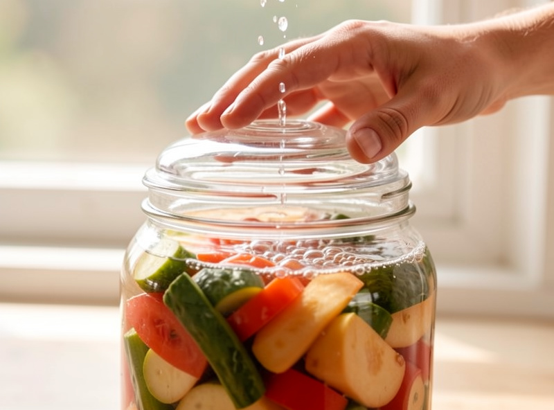 A hand pressing a glass fermentation weight into a jar of vegetables with a stream of bubbles rising