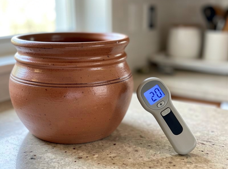 A probe thermometer reading 20 degrees Celsius next to a stoneware fermentation crock on a kitchen counter