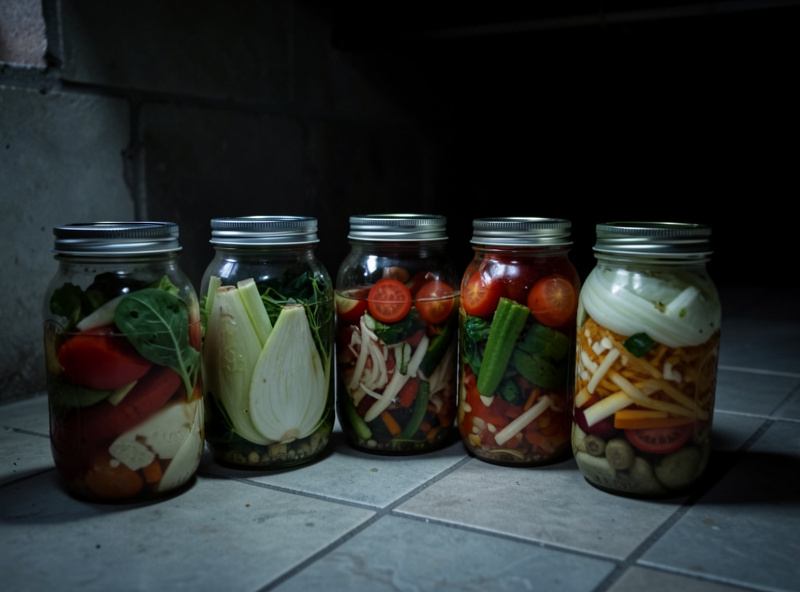 Jars of vegetable ferment resting on a cool tiled basement floor away from summer heat