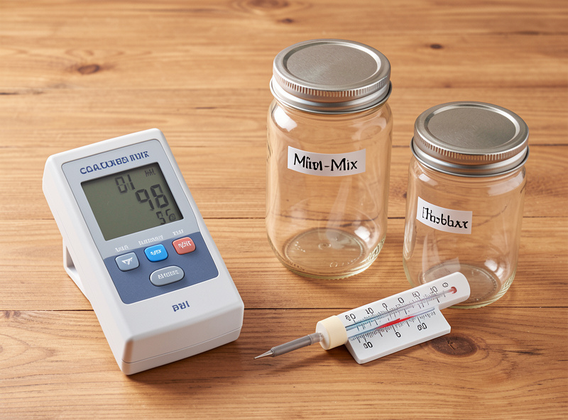 A calibrated digital pH meter and a min-max thermometer beside labeled fermentation jars