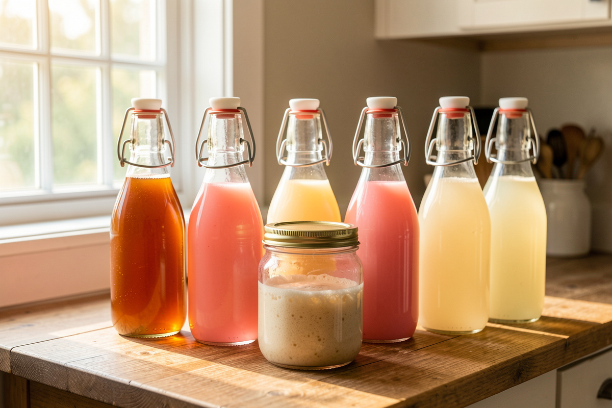 Home fermentation soda bench with colorful swing-top bottles and a ginger bug starter jar