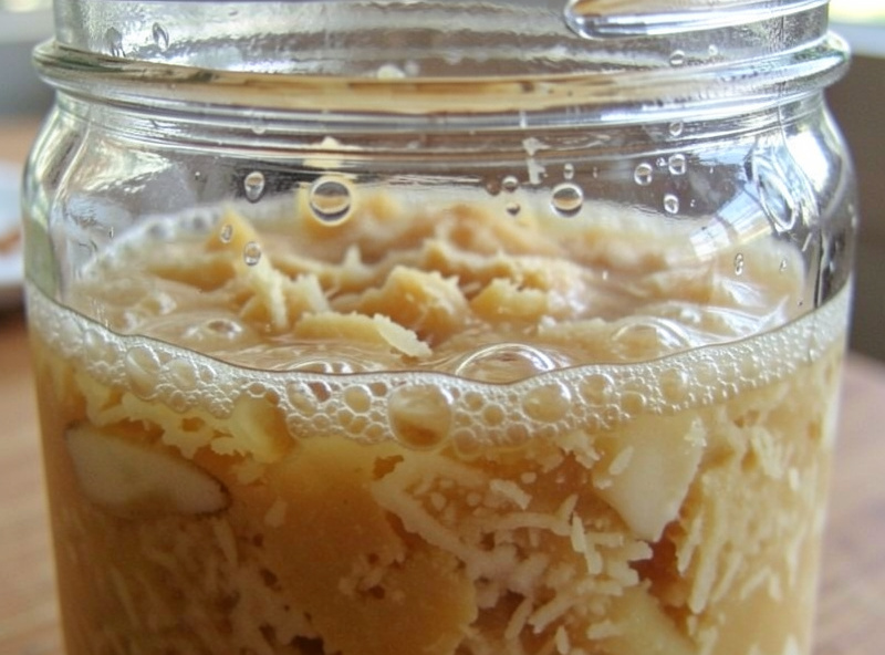 Active ginger bug starter bubbling in a glass jar with grated ginger
