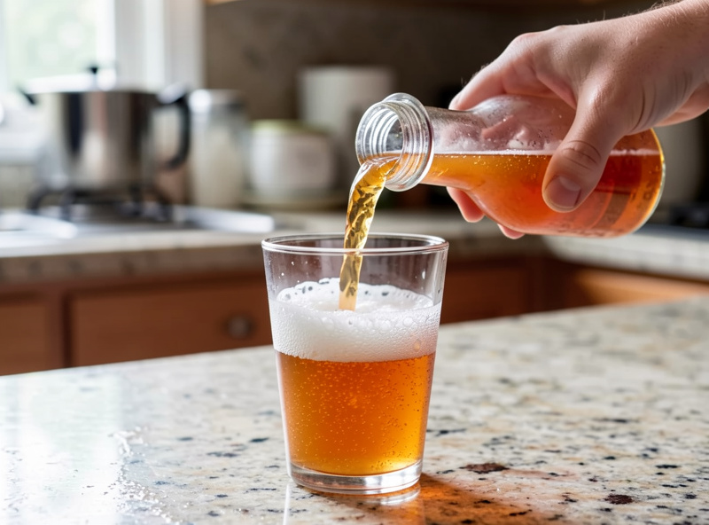 Pouring a fizzy amber fermented soda from a swing-top bottle into a glass