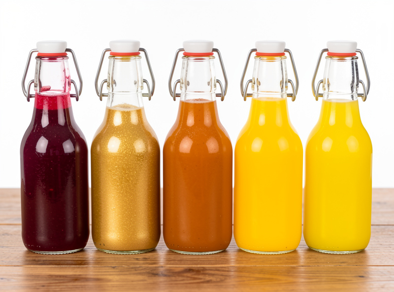 Row of swing-top bottles holding different colored fermented fruit sodas