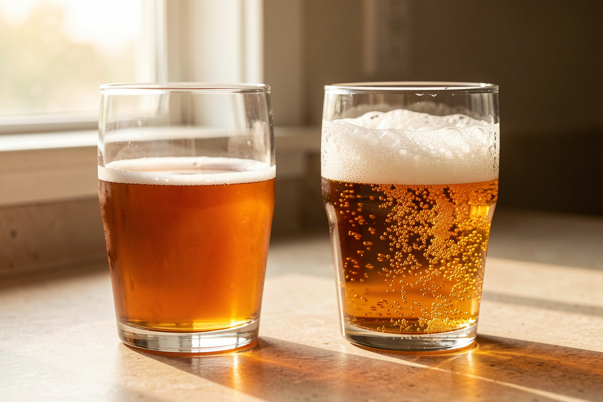 A flat still glass of fermented soda beside a lively fizzy one for comparison