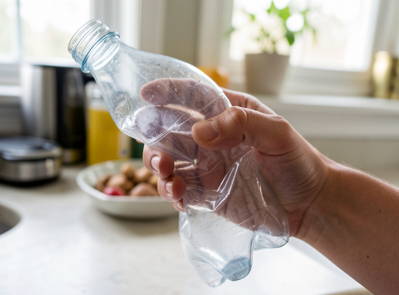 A hand squeezing a soft under-inflated PET plastic soda bottle that has not carbonated