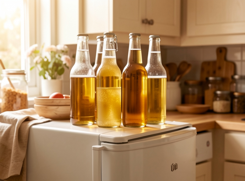 Glass bottles of fermenting soda placed in a warm spot on top of a refrigerator