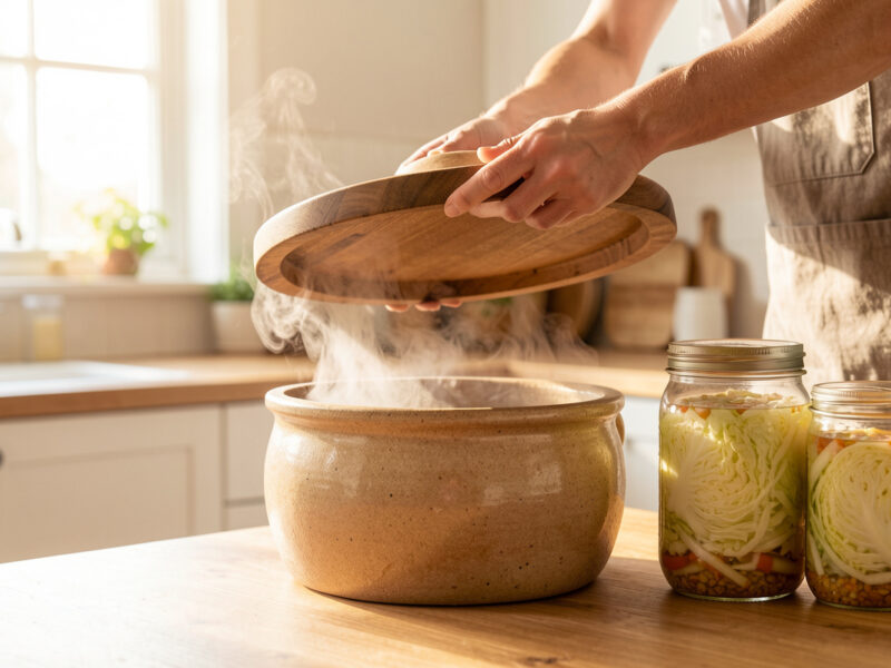 Person lifting the lid off a stoneware fermentation crock with jars of fermenting cabbage nearby