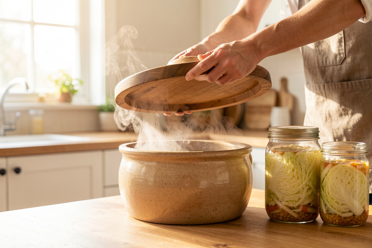 Person lifting the lid off a stoneware fermentation crock with jars of fermenting cabbage nearby