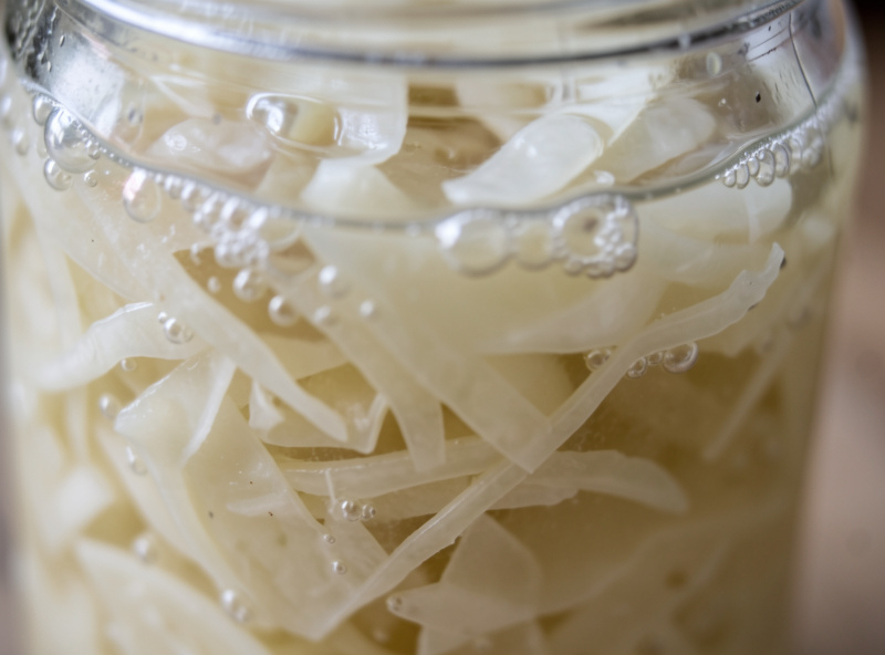 Macro close-up of cloudy fermenting sauerkraut in a glass jar with small bubbles rising through pale brine