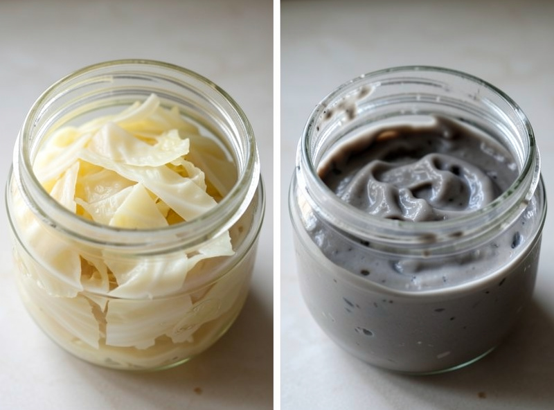 Side-by-side comparison of a healthy pale sour cabbage ferment and a grey slimy spoiled batch