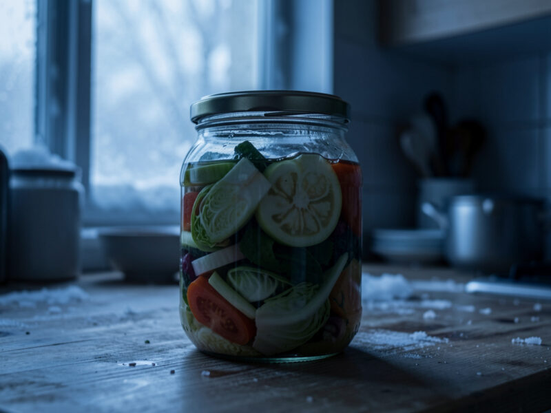 A fermentation jar in a cold winter kitchen