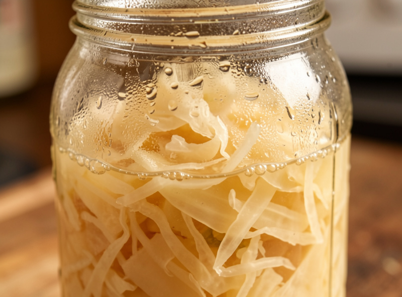 A jar of sauerkraut bubbling vigorously in a warm summer kitchen with condensation on the glass