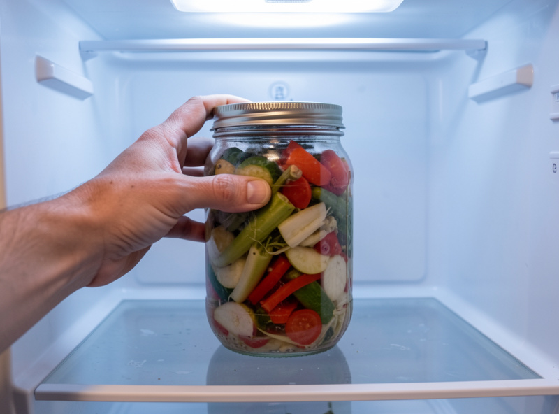 Hands moving a jar of finished ferment into a refrigerator to cold-crash it in summer