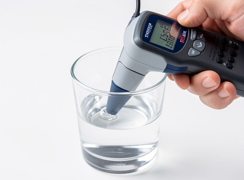 A TDS meter reading the mineral content of water in a glass